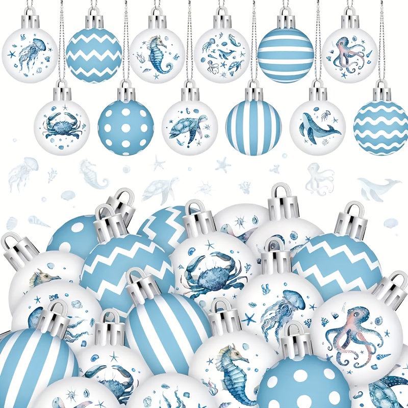 TEMU 24pcs Mini Summer Ocean Ornaments For Small Tree Hanging Ball Seashell Seahorse Sea Turtle Striped Dots Ocean Hanging Ornaments For Summer