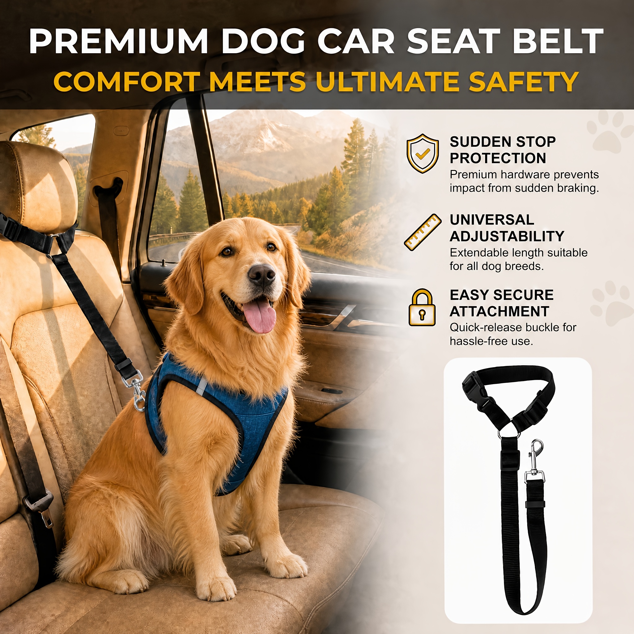 Image of Adjustable Dog Car Seat Belt, Pet Safety Harness Strap, Universal Headrest Restraint For Dogs, Heavy Duty Nylon Leash For Travel, Fits All Dog Breeds & Vehicles