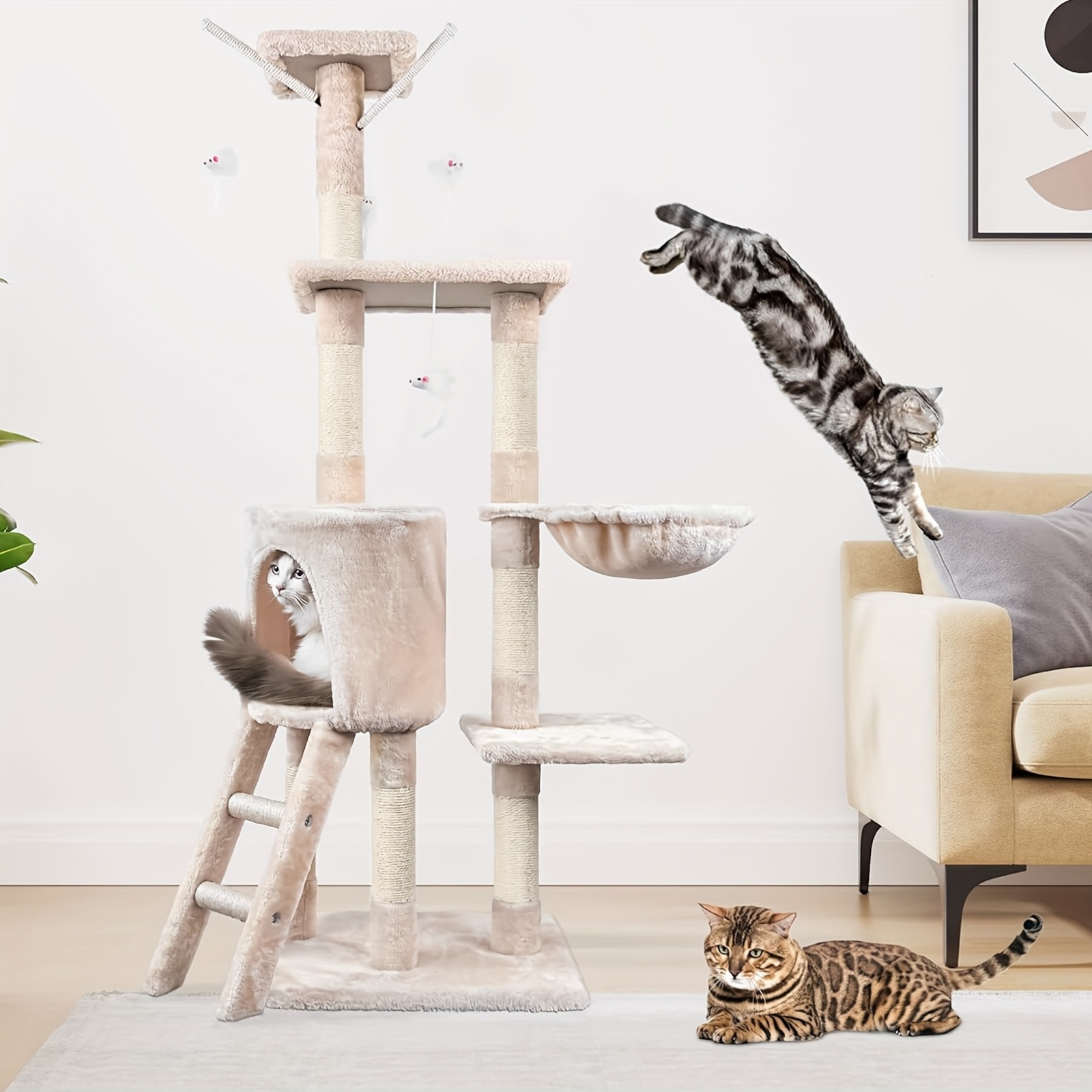 Turn pentru pisici de 140 cm înălțime, cu mai multe niveluri, stâlpi de zgâriat din sisal, cadru mare de cățărat, scară, hamac și casă - Mobilier robust pentru interior, pentru pisoi și pisici, turn alb/maro pentru cățărat, odihnă și joacă