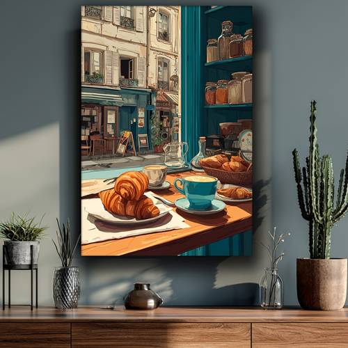 art mural plat 2d, 2d plat, 1 pièce du représentant une animée de café avec du café et des croissants, avec une cadre en toile enveloppante en bois naturel, conçu pour une installation facile avec des crochets ou de ladhésif