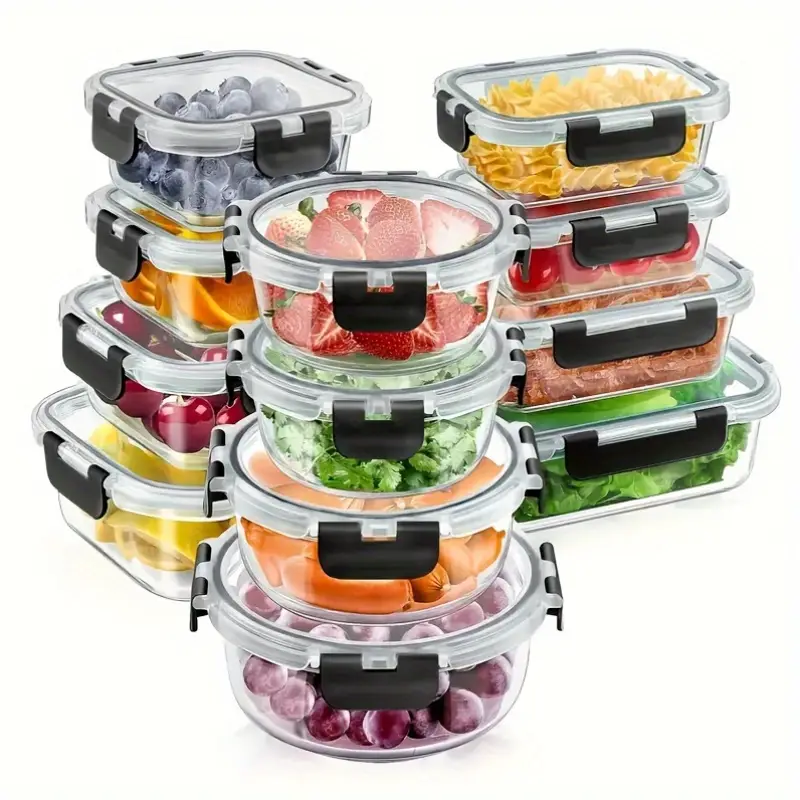 24pcs glass food storage container set with snap lock lids stackable airtight glass storage containers glass lunch box set ideal for lunch food storage meal prep microwave oven freezer safe dishwasher safe for black Product details 1