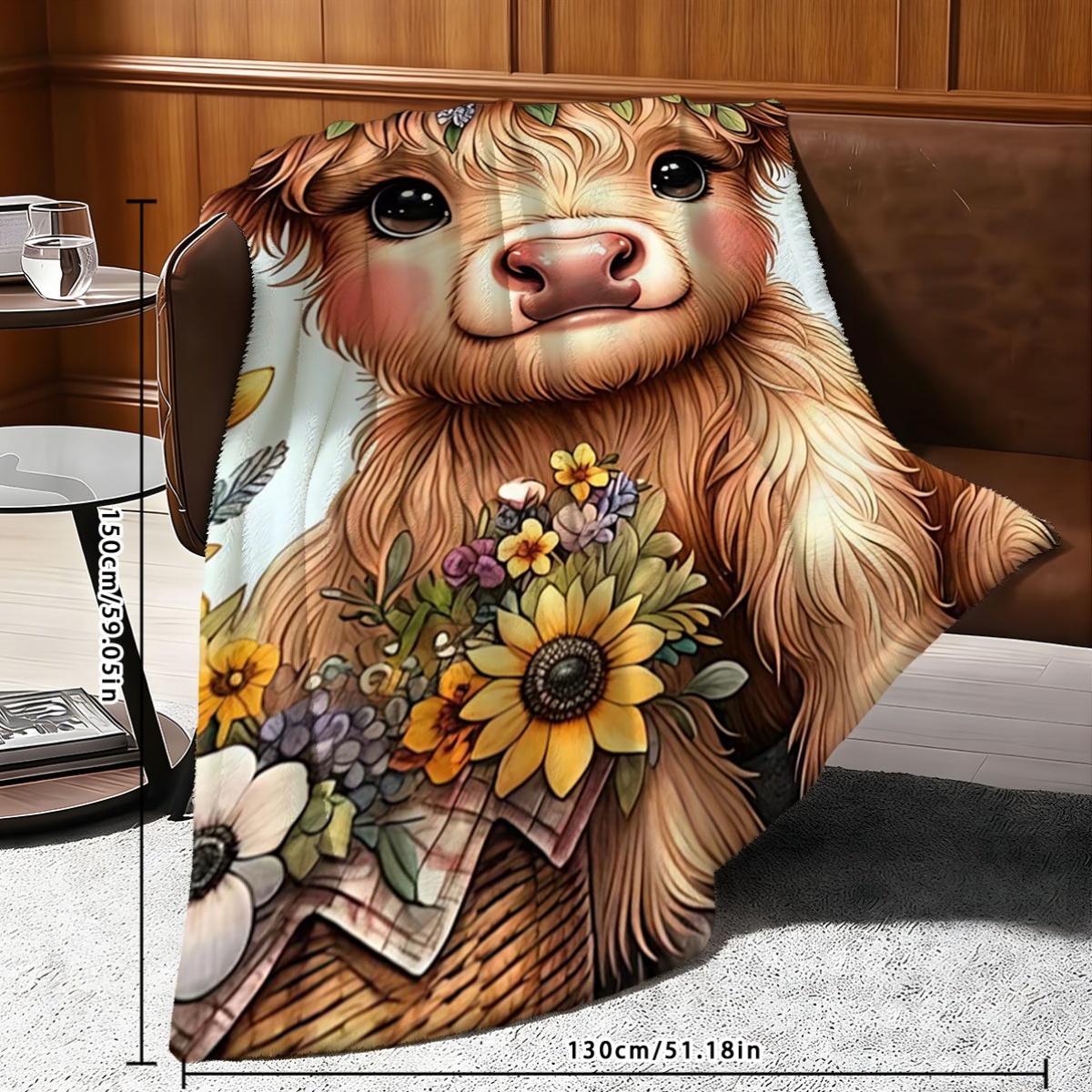 1pc sunflower wreath highland cow blanket soft and cute long haired cow with warm wild flower basket   healing atmosphere flannel soft and warm   used as sofa cover blanket bedroom bed cover