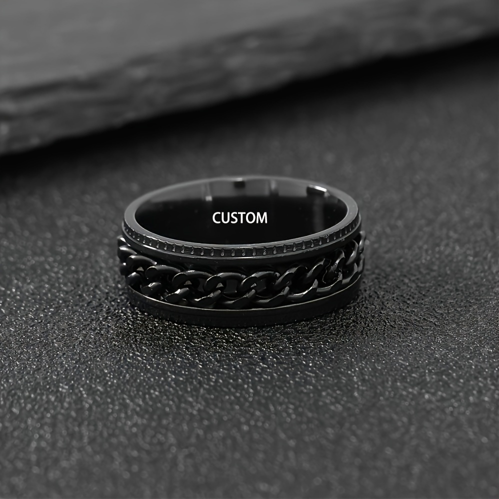custom engraved black stainless steel ring 8mm wide rotating chain design personalized name date option durable stylish for men valentines day anniversaries casual attire anniversary jewelry   ring design quality   without battery Product details 1