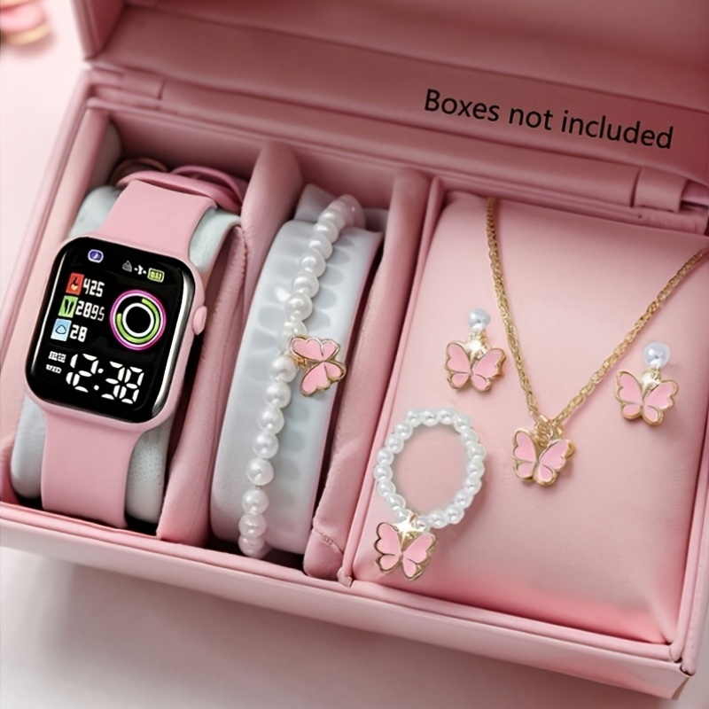 6pcs set girls watch jewelry set cute elegant led   electronic watch with pearl   bracelet necklace ring earring jewelry set suitable daily wear birthday festival gifts graduation season party decoration mothers  