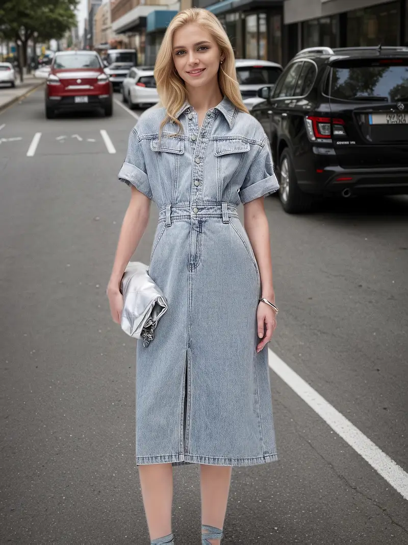 casual short sleeve denim dress NSLGXD Women's Denim Dress, Short Sleeve, Turndown Collar, Button Down, Pleated Tiered, Casual Style