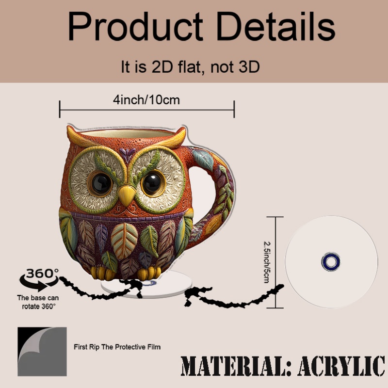 2d flat 1pc rotatable owl mug with vibrant orange exterior intricate leaf design 2d flat acrylic desktop ornament perfect gift for   halloween decor no electricity needed   2