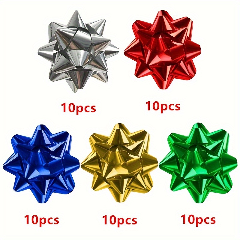 TEMU 50-pack Self-adhesive Gift Wrap Bows - 2-inch Shiny Metallic Star Bow Ribbons For Christmas, Party, Wedding, Valentine's, Easter & Everyday Presents - Mixed Colors Plastic Bow Decorations