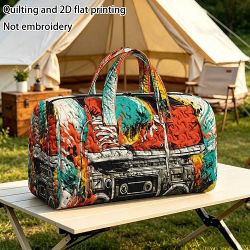 1 pz borsa da viaggio trapuntata con stampa piatta 2d, sneakers rosse con motivo boombox, borsa tote di capacità, per del fitness e viaggiatori, borsa da portatile, borsa da viaggio (non a contatto con alimenti)