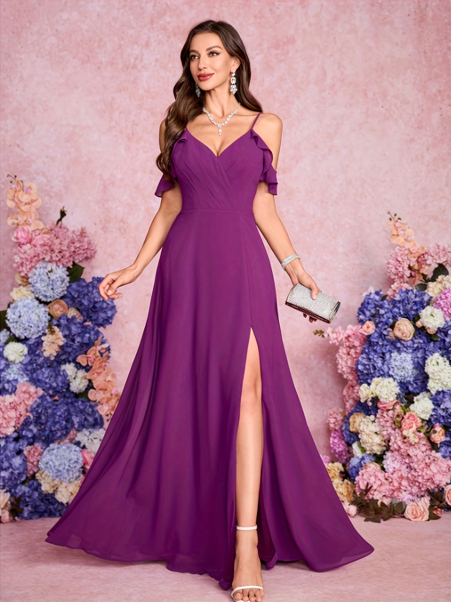 fitted lace wedding dress Halter Purple Floral Print A-Line Chiffon Bridesmaid Dress – FancyVestido main image 0