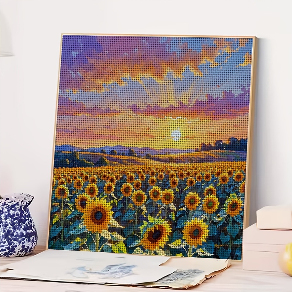 11CT Frameless Cross Stitch Kit, Sunflower Field Sunset Design