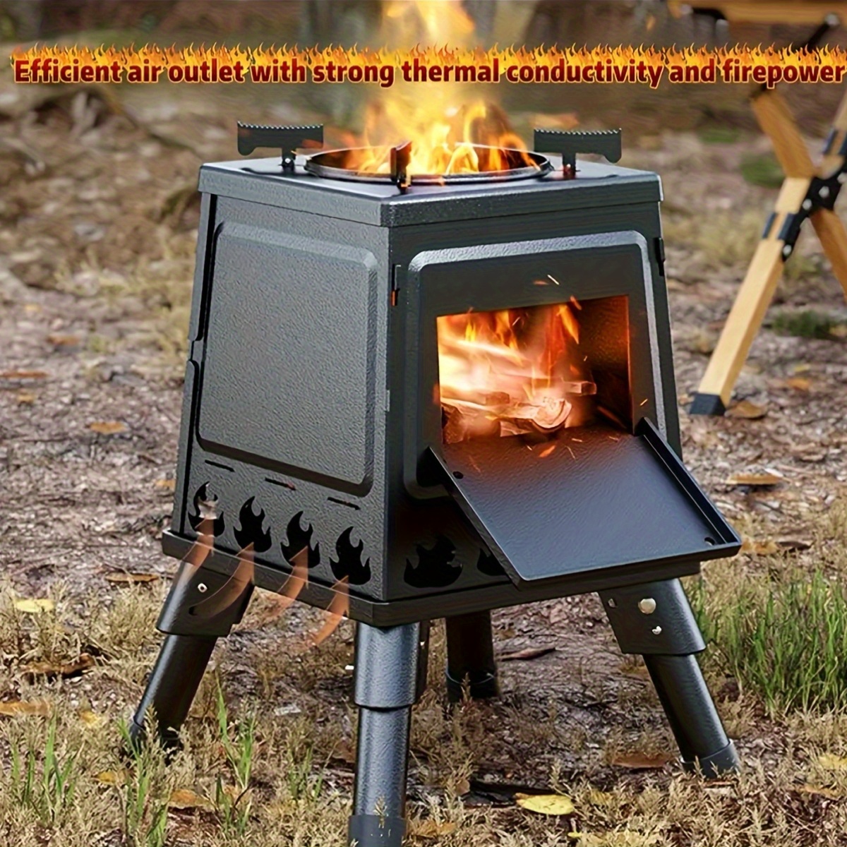 item picture portable cast   burning camp stove heavy duty outdoor cookstove heater with chimney   vents sturdy legs for camping hiking picnic bbq firewood charcoal compatible no electricity flint magnesium needed