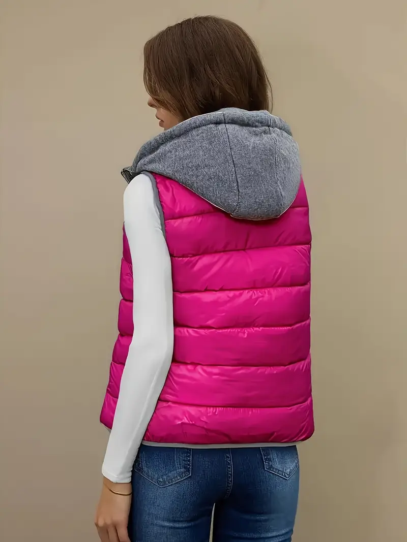 womens stylish pink hooded vest drawstring pockets thickened