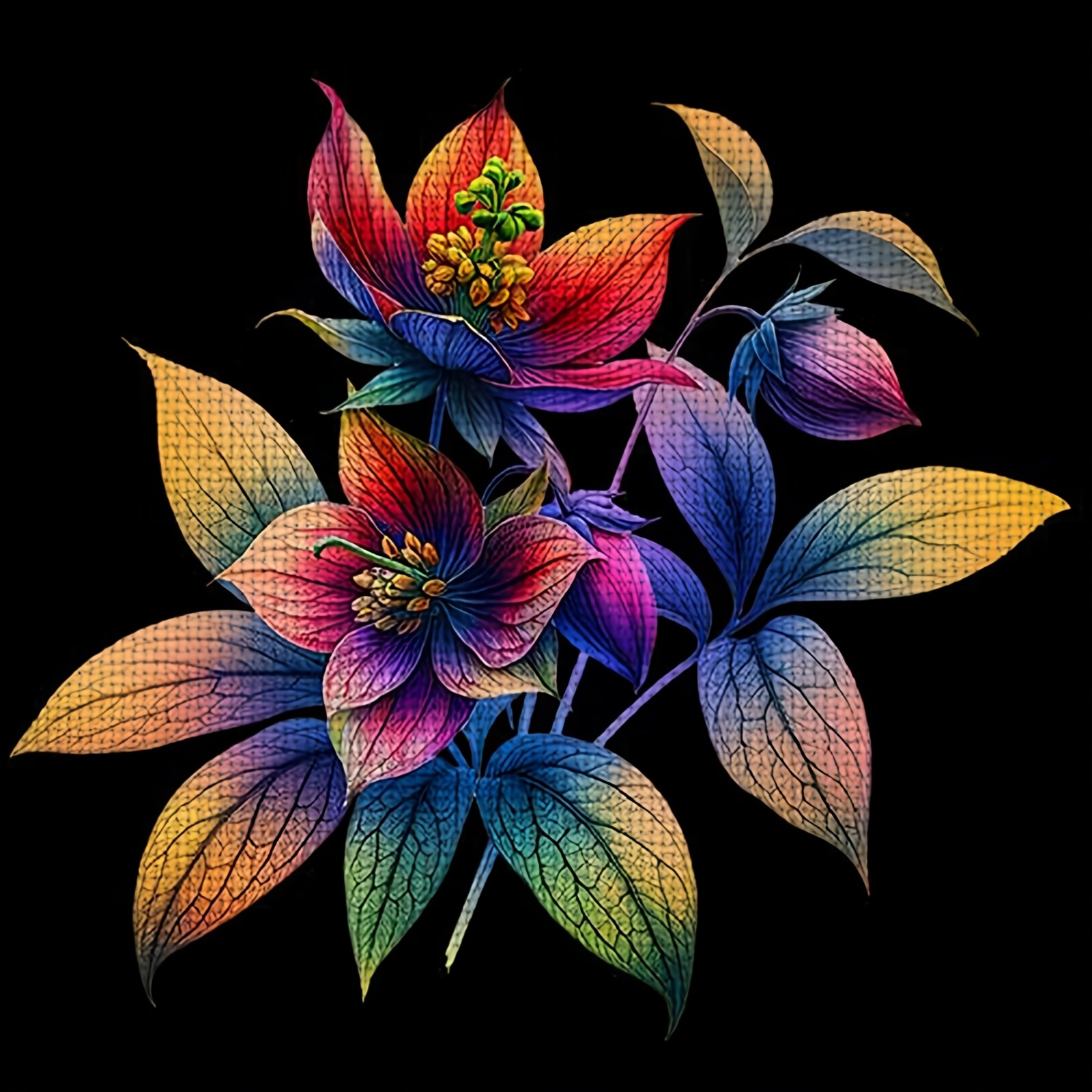 Cross Stitch Printed Kit, Frameless, Black Background with Colorful Flower Cluster