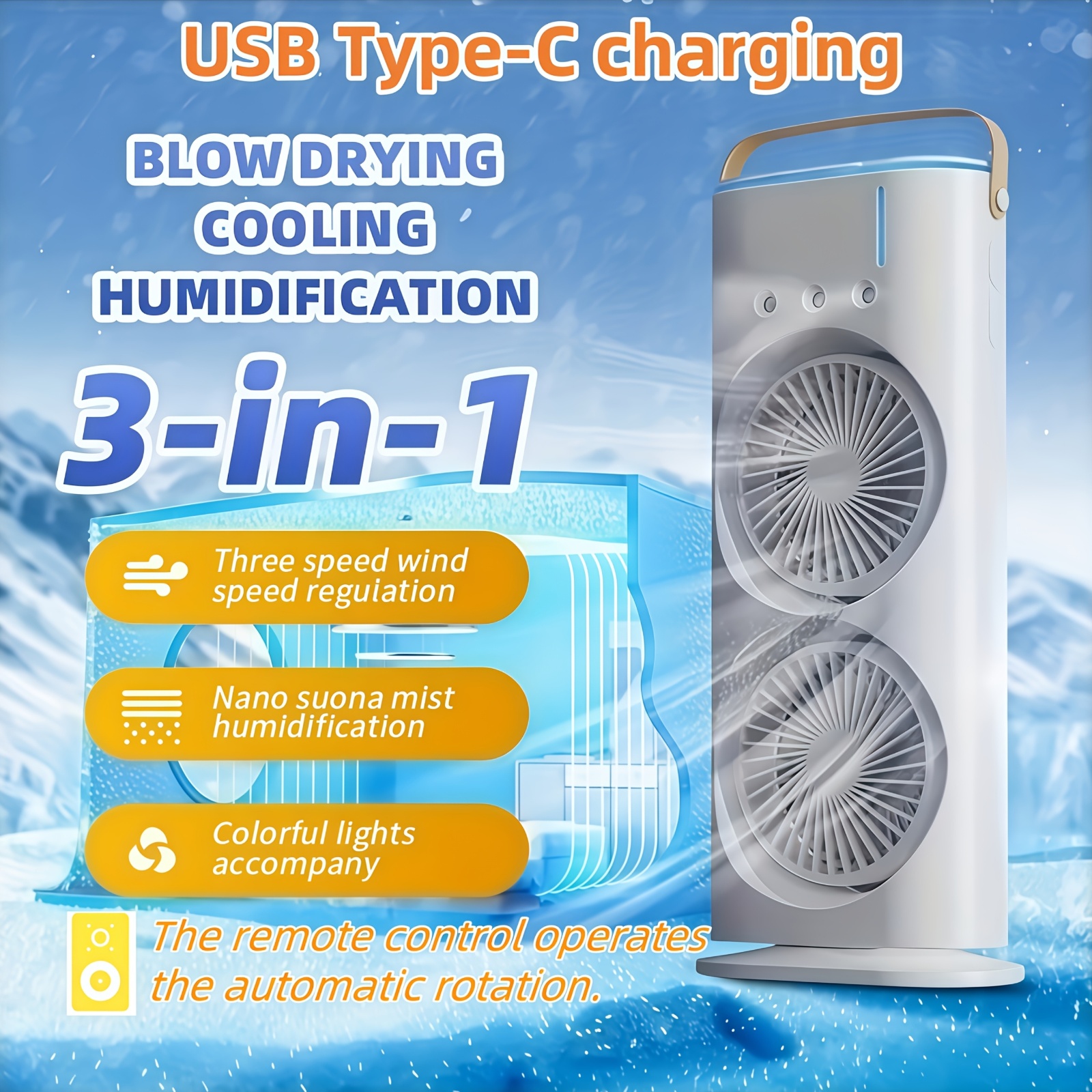 [1pc Ventilateur Portable Rotatif à Double Tête avec Charge Type-C] - Chargement USB - Refroidisseur d'Air - Pulvérisation Rafraîchissante Humidifiante - Veilleuse Colorée - 3 Vitesses - Télécommande - Rotation Automatique - Idéal pour Bureau - Dortoir - Chambre - Cadeau de Fêtes