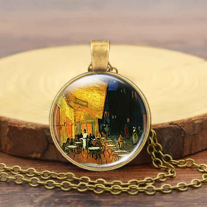Brown Metal Classic Chain Necklace with Café Scene Inlay