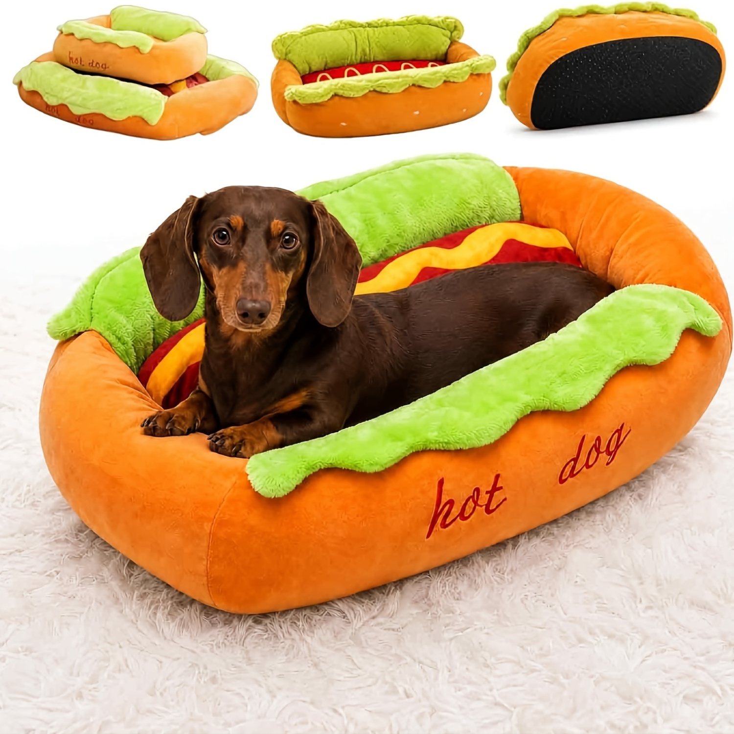 TEMU 2pcs New Cute Bread Hot Dog Style Shaped Dog Bed With Thickened Pet Mat Set, Cat Bed, Removable And Washable Pet Mat, Comfortable Soft Small Pet
