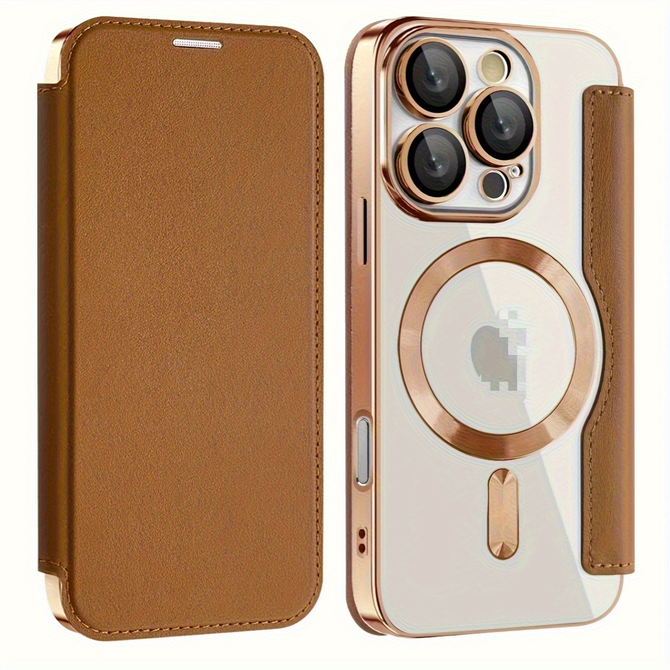 Suitable for Apple 16 Electroplated Gold Plated Shield Magnetic TPU Artificial Leather Mobile Phone Case Iphone 15 Full Cover Flip Lens Film Protective Case 16Pro 15
