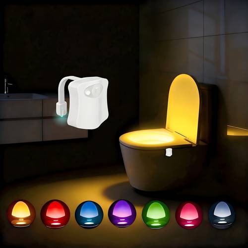 eine intelligente wc-sitzleuchte mit bewegungssensor, die 7 farbwechselnde leds enthält, für badezimmer, einfach zu installieren, batteriebetrieben (batterien nicht enthalten), bietet sichtbarkeit in der nacht, stilvolles badezimmerzubehör und einfach zu installieren