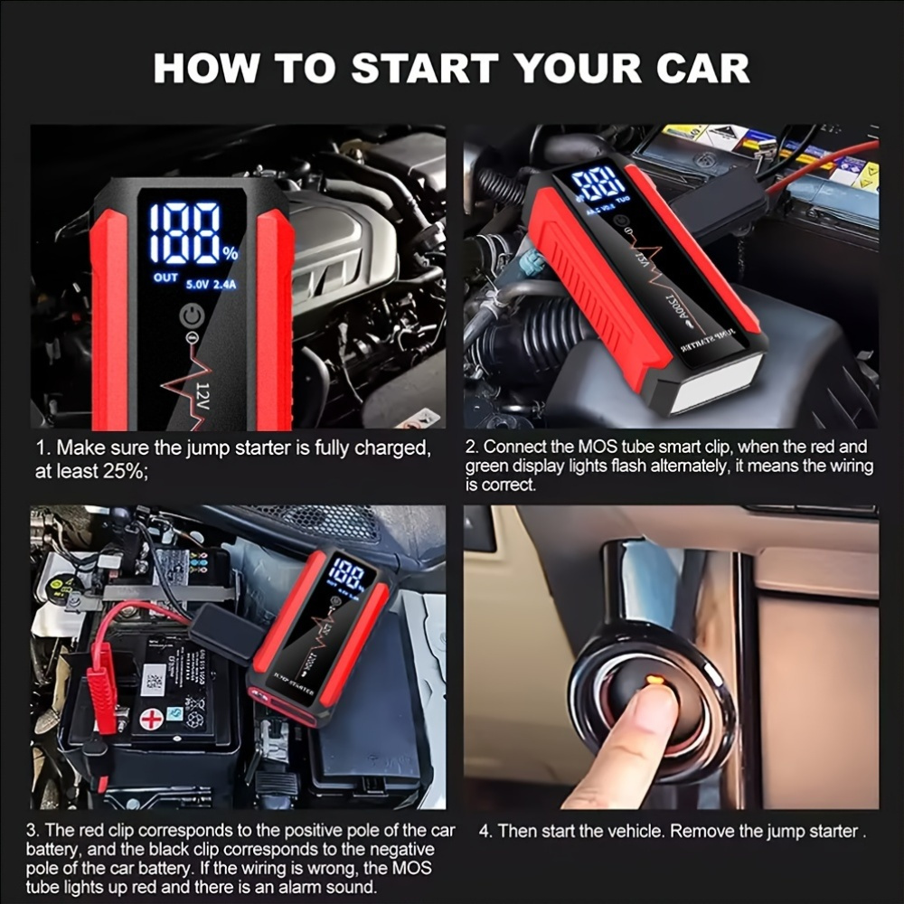 TEMU Portable Automotive Emergency Starter 2500a , Battery Jumper Box For 2.11 Gallon Gasoline 85 Gallon Engines, With Usb Port And Led Flashlight, Handheld, Battery Jumper