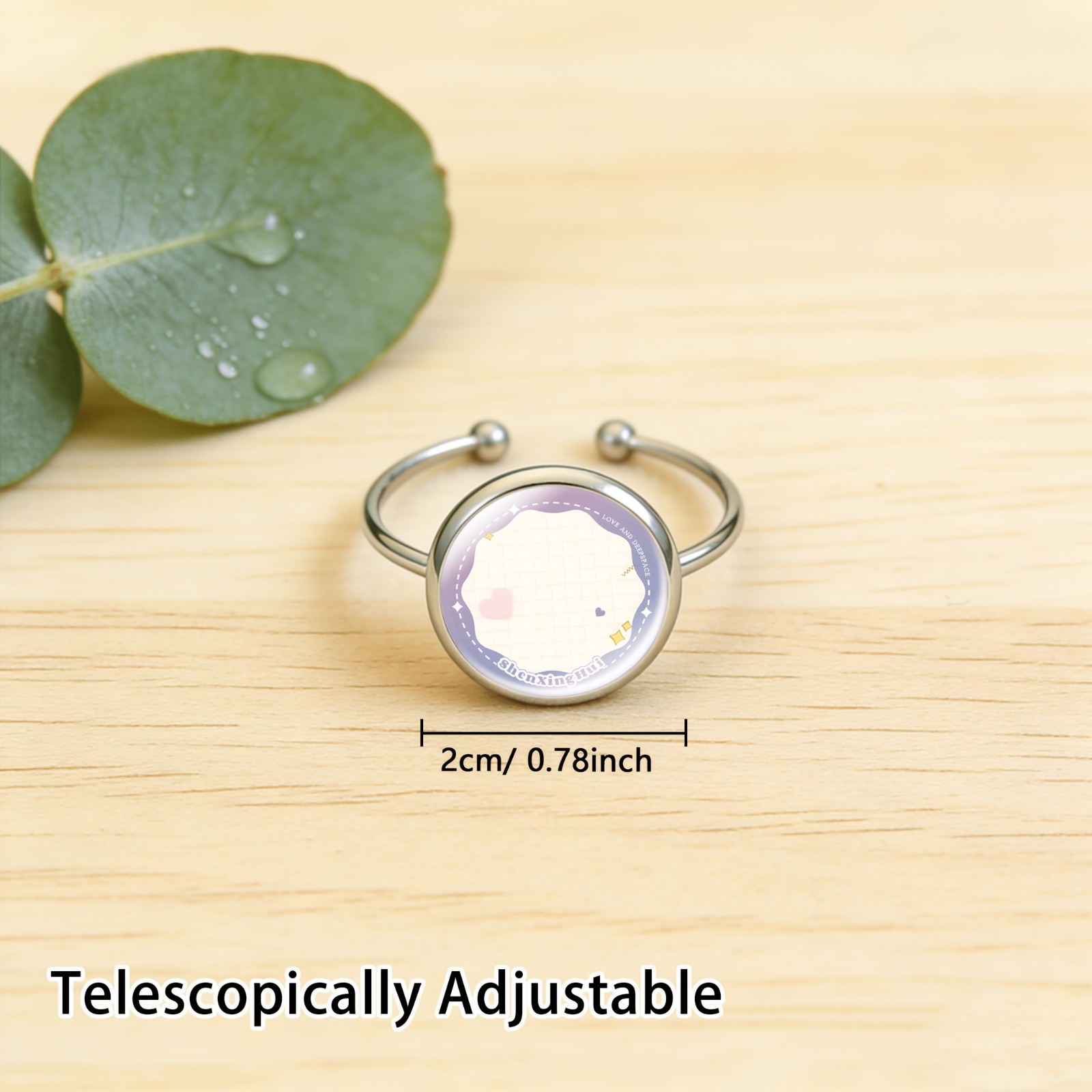 Colored Glass Inlaid Open Ring with Grid Pattern, Heart & Star Design