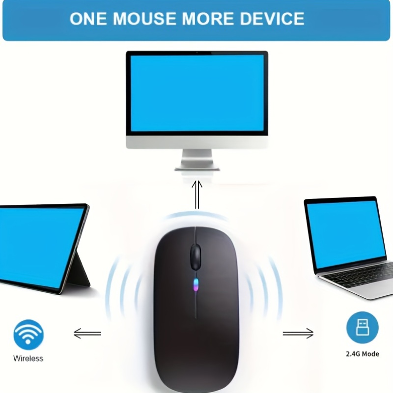 Souris sans fil rechargeable avec lumière LED, mode double BT et souris USB 2.4G pour le jeu, le portable, le tablette, le MacBook - Design noir élégant, forme ergonomique, plastique durable, chargement USB, chargeur non inclus, souris pour portable, accessoire pour tablette, accessoire moderne, surface lisse, souris sans fil pour portable, souris sans fil rechargeable, souris sans fil, souris ergonomique, souris de jeu, accessoire pour portable, souris ergonomique