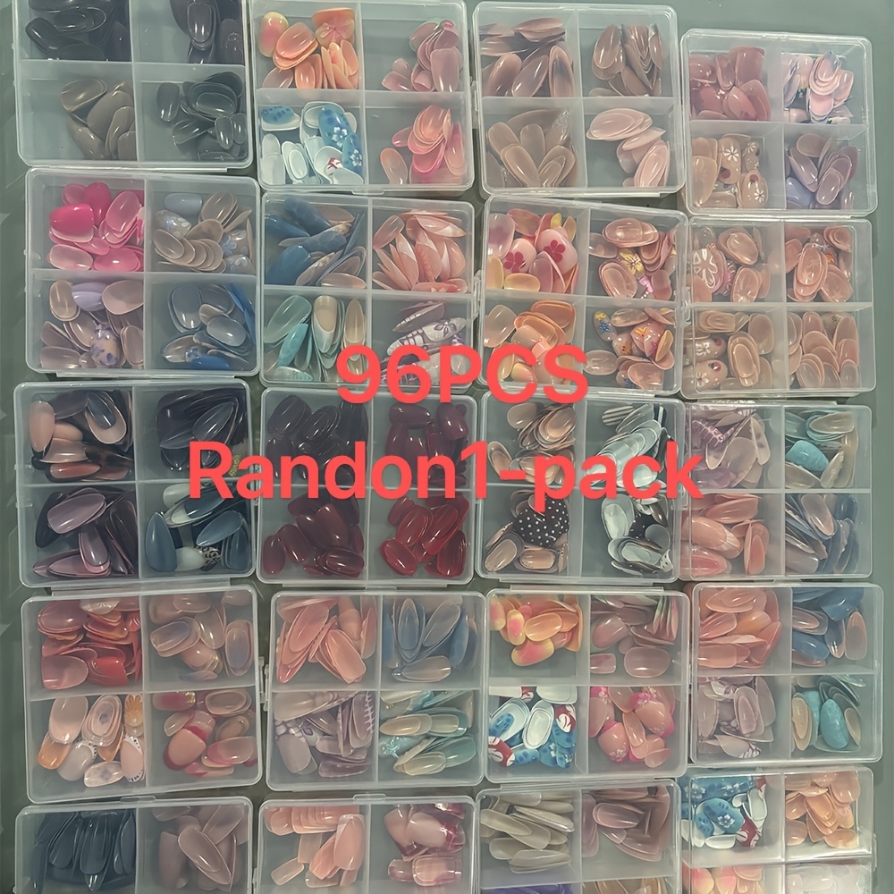 TEMU 96 Stück Gemischte Zufällige Versandung 1 Set Nagelkunst, Farben, Stile, Muster Zufällig Versandt, Inklusive Kurze Nägel, Mittellange Nägel,