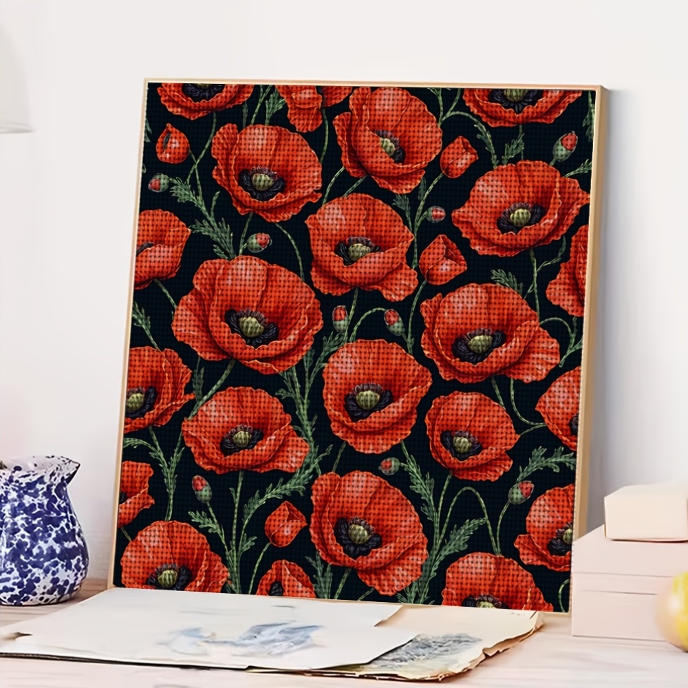 Black Background Red Flower Pattern Cross-Stitch Kit, Frameless