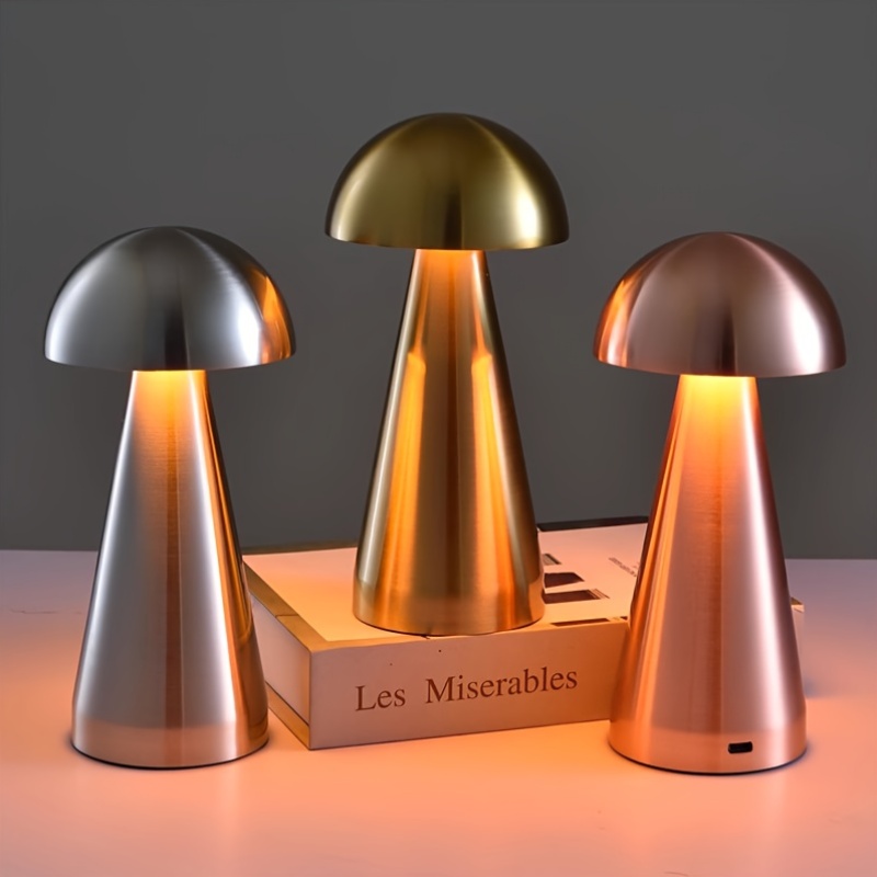 Wireless No-Drill Creative Metal Design Table Lamp, Cone Base Small Mushroom Bedroom Bedside Lighting Ambiance USB Night Light for Living Room Dining Bar Decor, Bedroom Bedside Lighting Ambiance, Living Room Ambiance, Modern Decor, Ambient Lighting