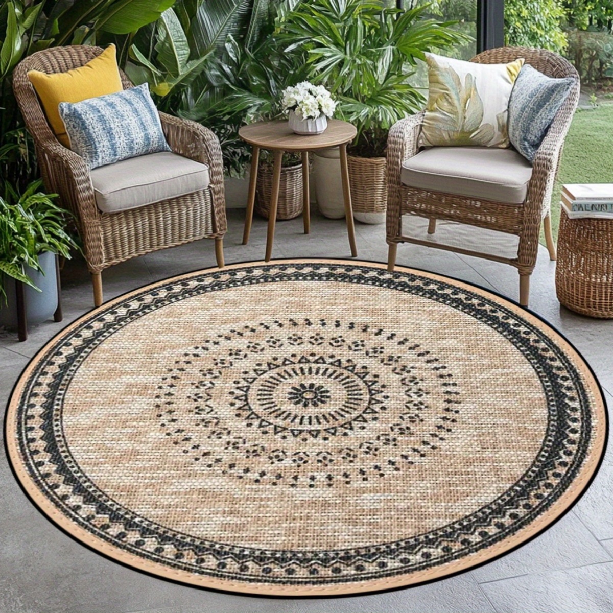 TEMU Elegant Round Area Rug In Bohemian Style - Machine Washable, Suitable For Outdoor Patios, Bedrooms, Living Rooms, Dining Rooms - Festive