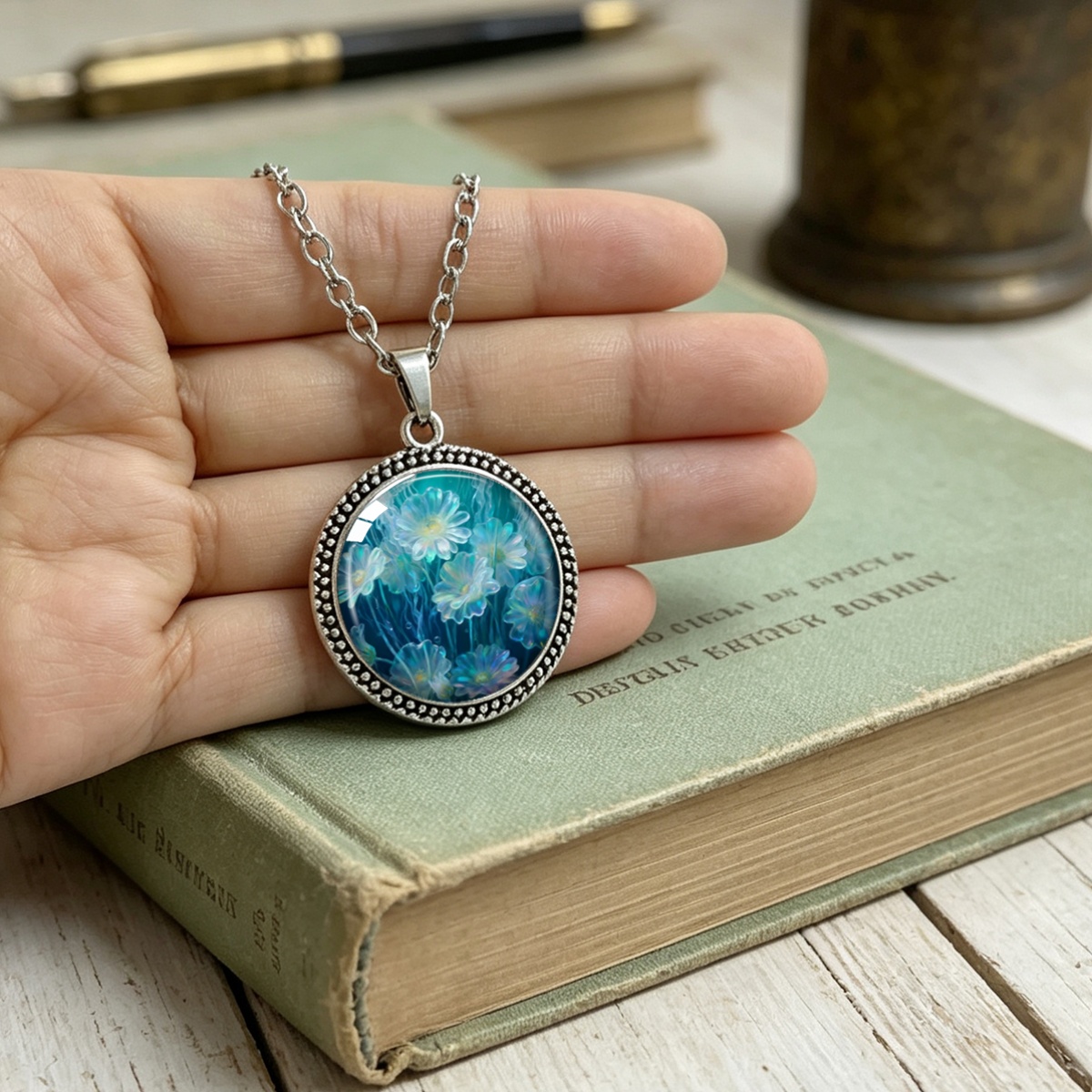 Blue Background Soft Light Floral Print Round Pendant Necklace