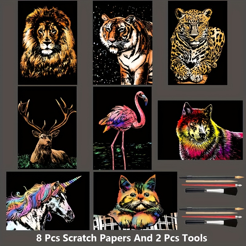 TEMU 8pcs Adult Animal Scratch Art Kit, 16k Scratch Art Paper (includes 8 Scratch Papers + 2 Tools Kit), A4 Size (11.6"x8.3"), Mindfulness Craft For