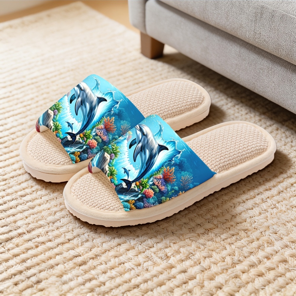 slippers womens ocean dolphin   pattern summer easy versatile couple non slip soft sole sweat absorbing breathable thick sole   floor slippers women shoes