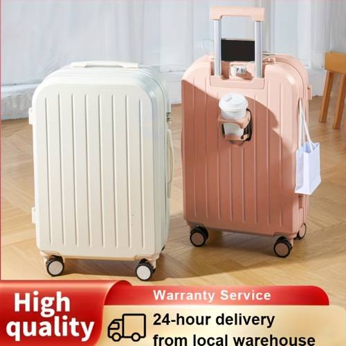 sturdy luggage multifunctional carry on suitcase with usb charging port cup holder hook retractable handle spinner wheel abs pc durable travel suitcase versatile trolley travel case hard shell boarding case 1pc 20 24inch