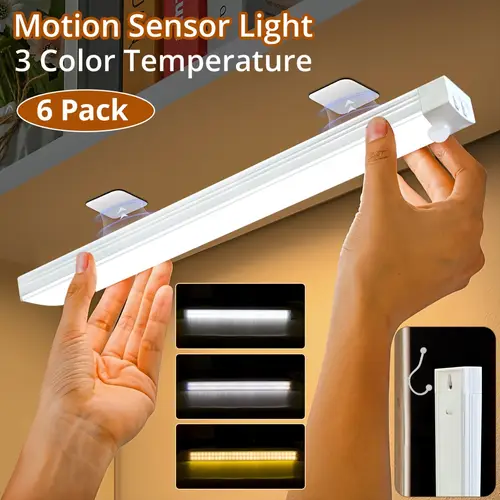 6 pack under cabinet lights operated motion sensor light indoor 3 color usb rechargeable closet lights magnetic dimmable closet lights wireless under counter lights for kitchen stairs pantry bedroom woadrobe