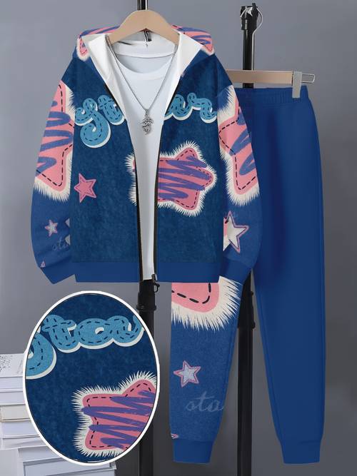 a two piece set for boys featuring a zip up hoodie with a hood and elastic waist pants stylish print hoodie and pants everyday wear and casual for outdoor