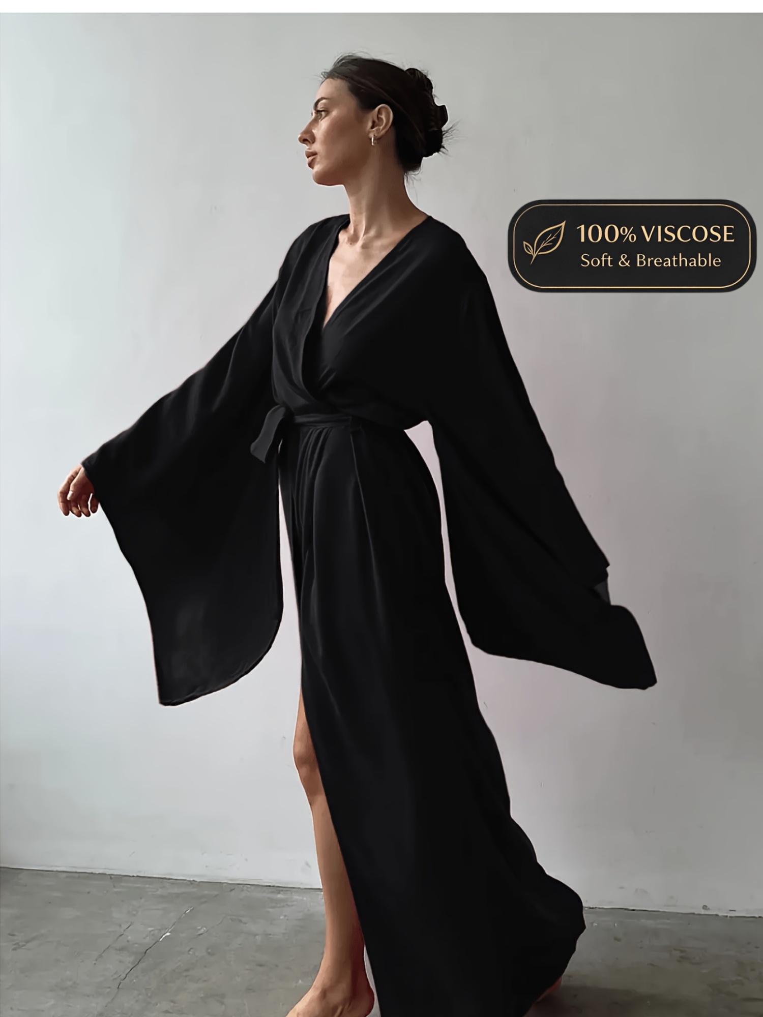black and white off the shoulder mini dress RELIEFI Women's Black Kimono Jacket with a Belt main image 1