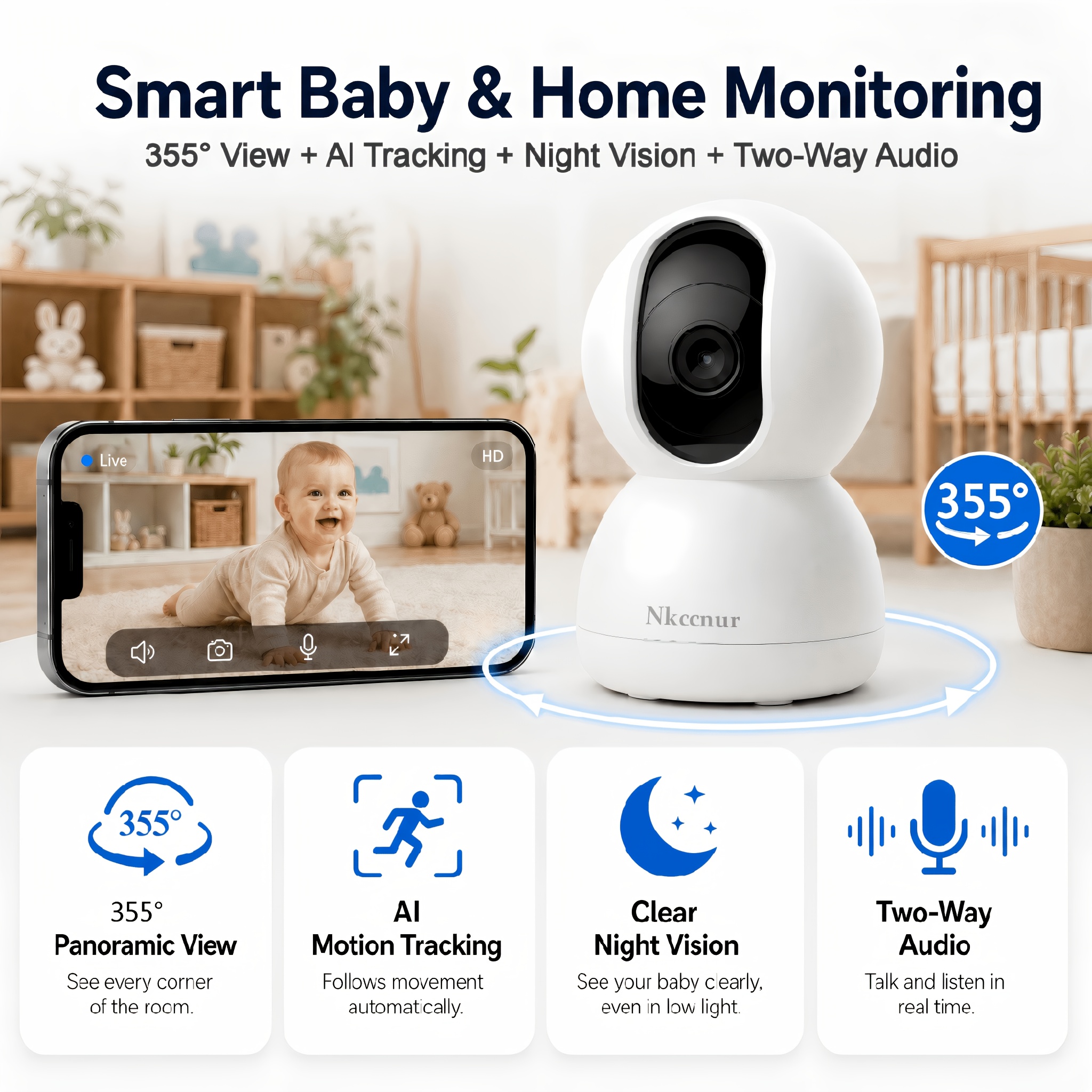 TEMU 1pc 5mp Baby Monitor Camera, With Tracking, 355° Panoramic View, Night Vision, Audio, Smart Home Security Camera For Baby And Pet Monitoring