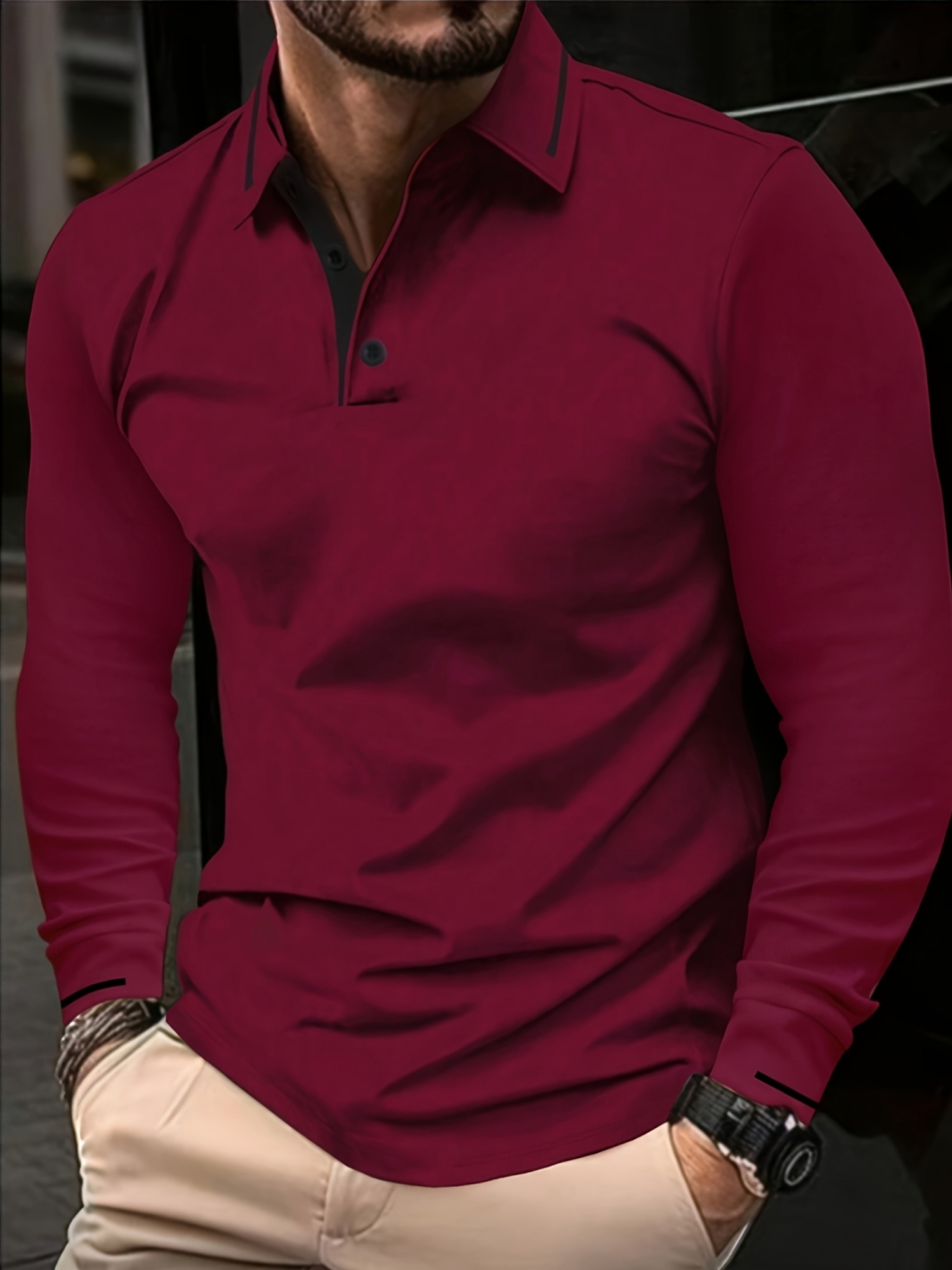 mens fashion long sleeve   shirt casual golf wear   stretch rib knit details    