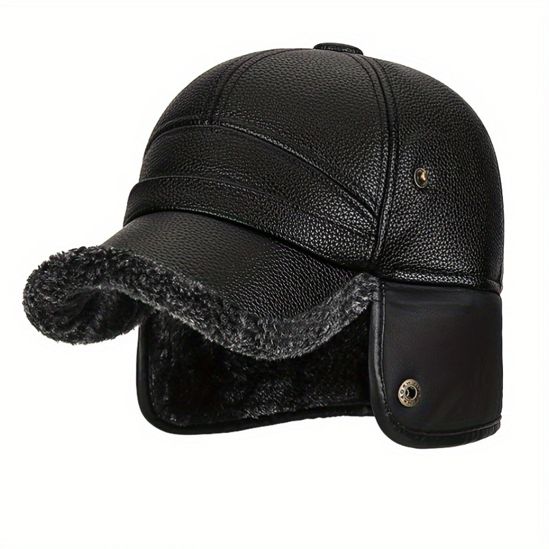 Men's Winter PU Leather Baseball Cap With Fleece Lining & Fold-Down Ear Flaps