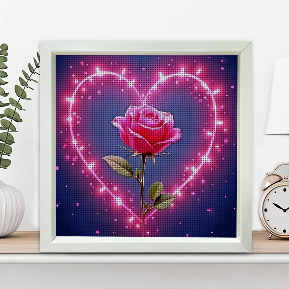 Frameless Cross Stitch Printed Kit, 'Pink Rose Heart Light Background' Pattern