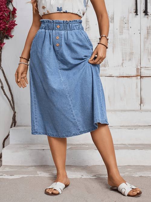 zomerse casual denim a-lijn rok met knoopdecoratie en elastische taille in grote maten