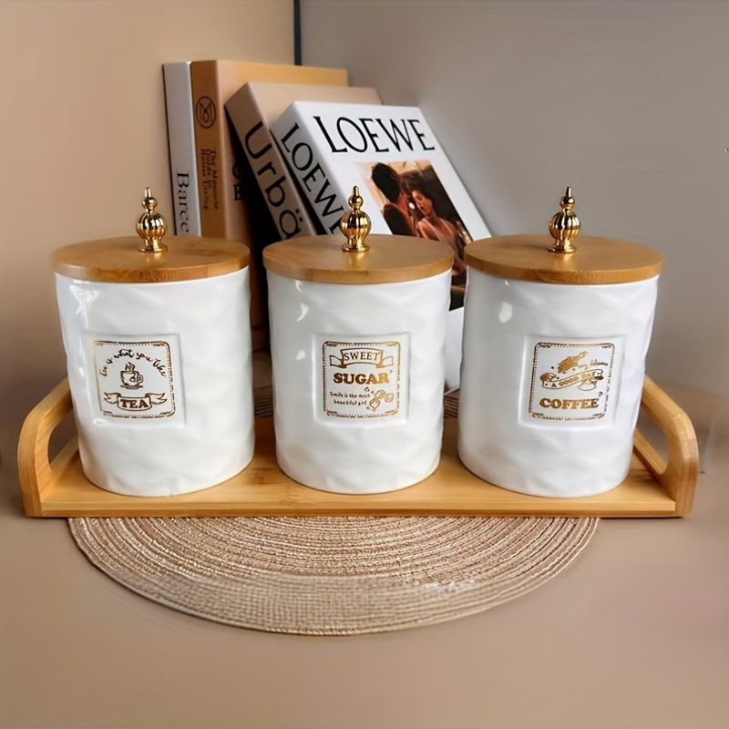 ceramic tea coffee sugar canister set wooden tray lid Temu Spain