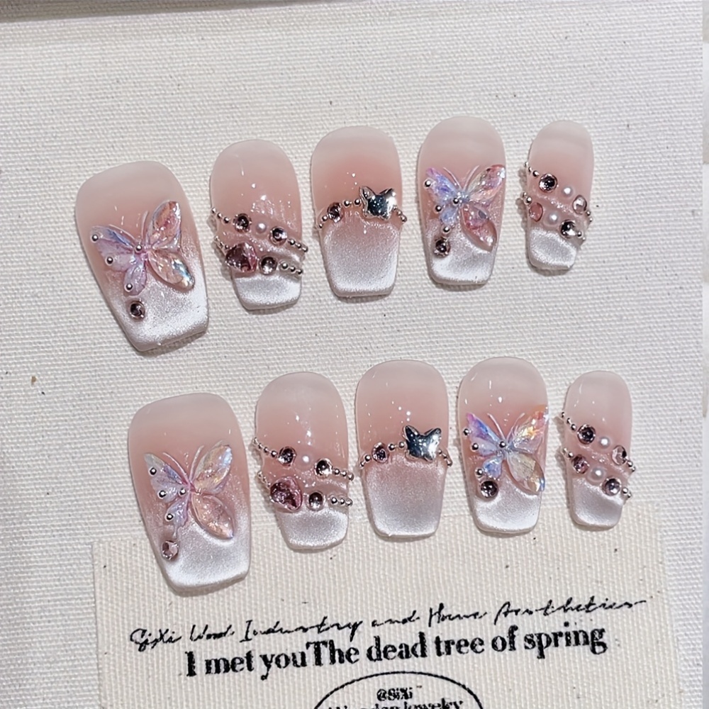 E-shop 10 Stück Kurze Handgefertigte Aufdrück-Nägel, Elegante und Edle Falsche Nägel, Nude Nägel, Bunte Schmetterling, Abnehmbar und Wiederverwendbar,