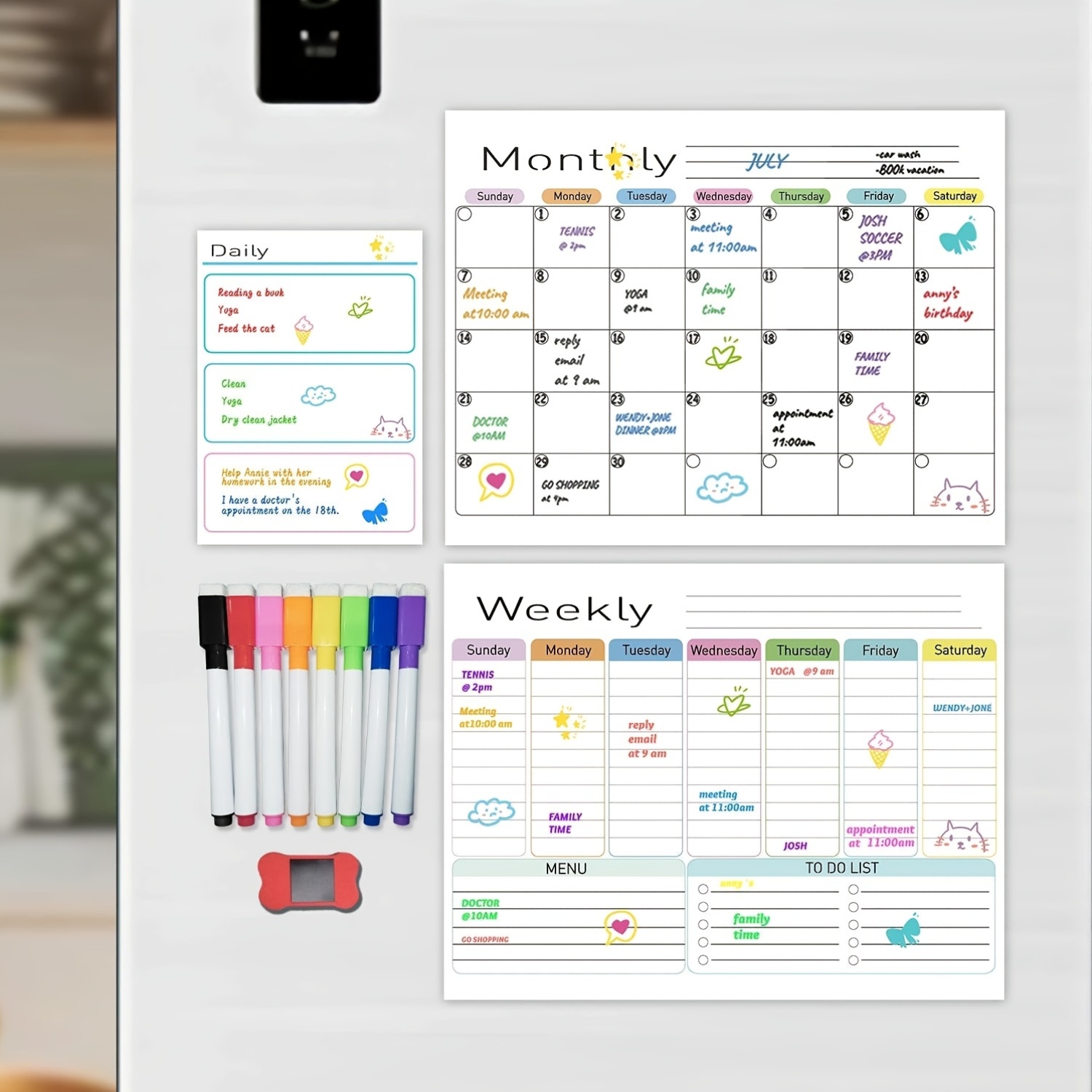 Image of Hivillexun Magnetic Dry Erase Calendar Whiteboard Set (3-pack) For Refrigerator, Wall, And Fridge Organization With Monthly, Weekly, And Daily Notepads. Includes 8 Markers And 1 Eraser