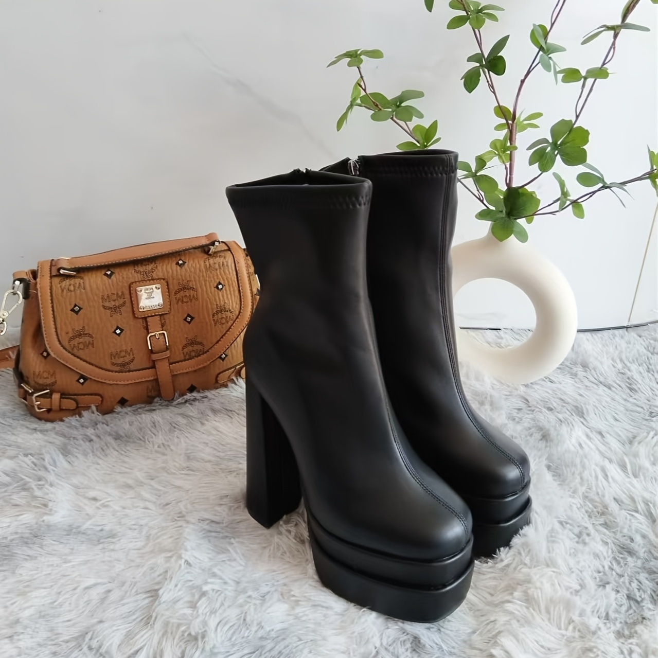 damen stiefel kunstleder blockabsatz schwarz rundspitze Temu Germany