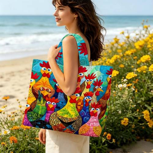womens tote bag quilted embroidered chicken pattern large capacity portable shoulder bag for shopping travel and picnics vibrant multi color chicken design durable fabric stylish and functional