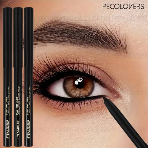 set of 3 black eyeliner pencils that are resistant to water and sweat designed to be smudge proof easy to apply quick drying and suitable for professional and everyday use makeup lovers and novices