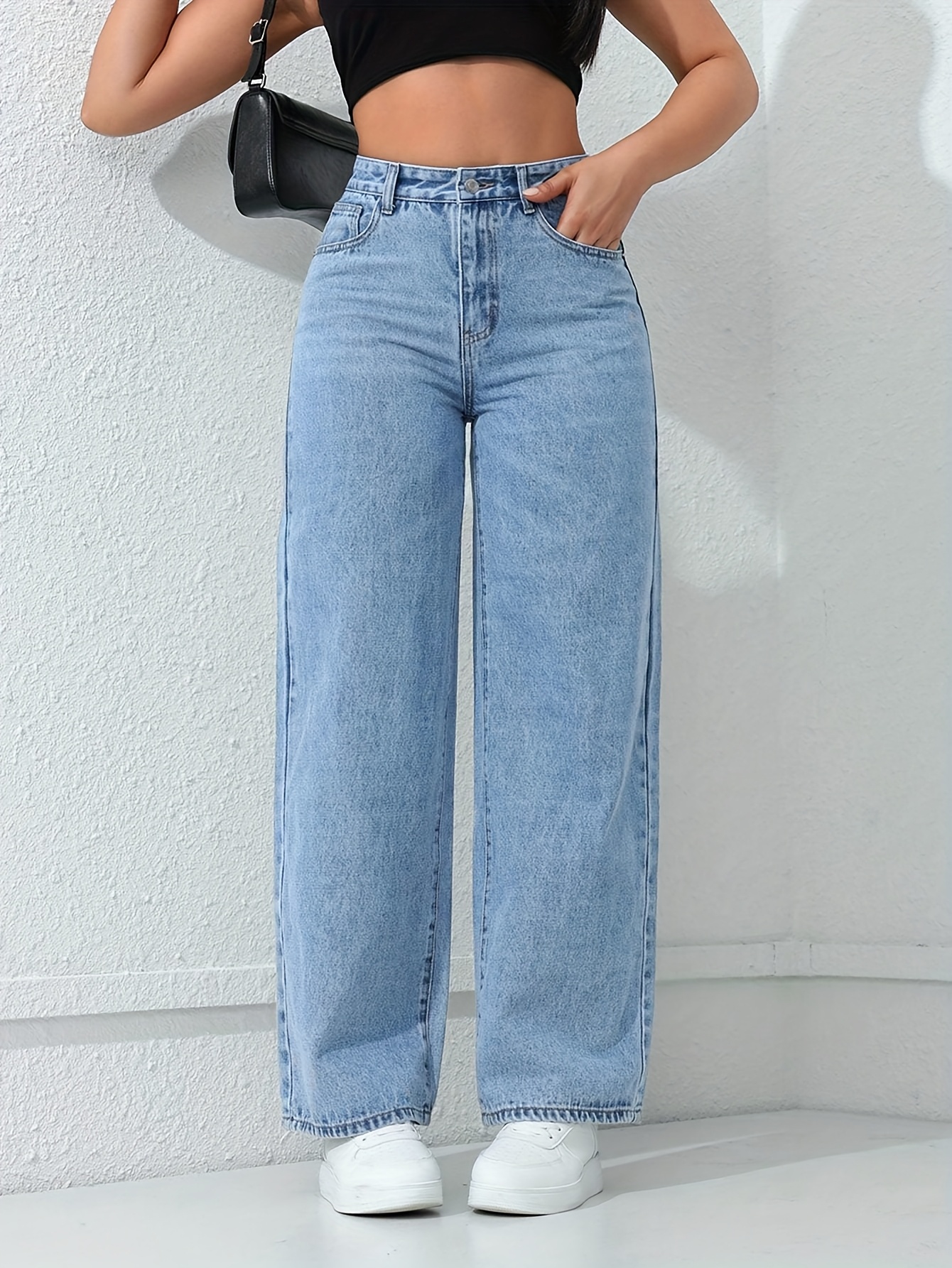 womens elegant wide leg denim jeans casual loose fit button closure zipper fly       casual attire jeans casual wide leg jeans stylish casual jeans
