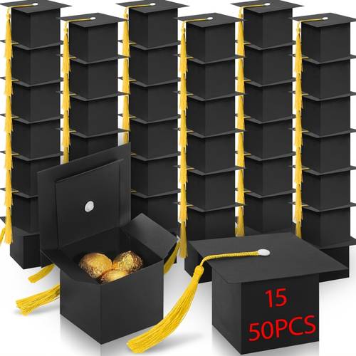 50 15pcs graduation candy boxes graduation party gifts 2025 class cap gift box graduation centerpiece with tassels for graduation ceremony parties yellow