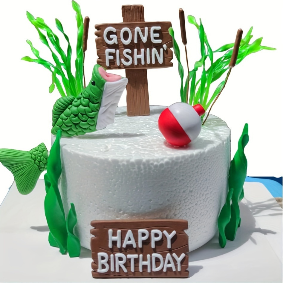 Décoration Anniversaire Thème Pêche - Cake Topper "Gone Fishing" - Mini Canne, Bouées, Herbes - Pour Gâteau